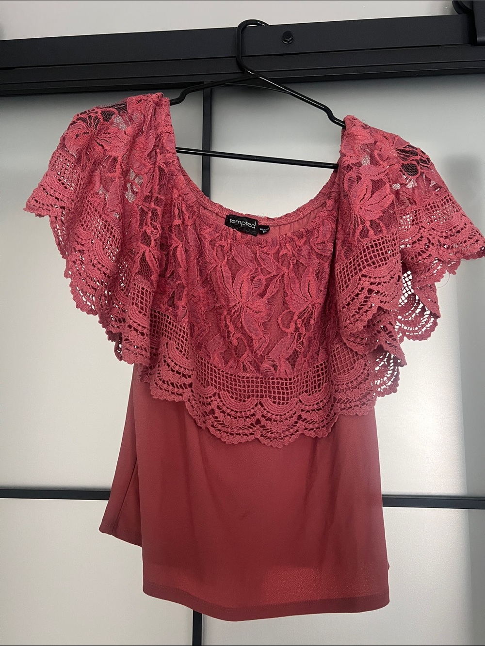 Tempted Rose Pink Crochet Lace Off-Shoulder Blouse